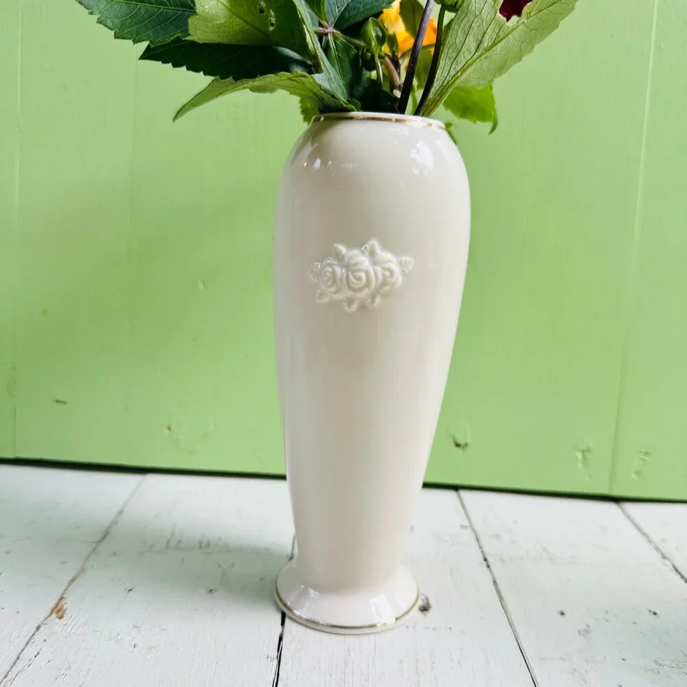 Vintage Lenox Rose Bud Vase Ivory Porcelain Gold Trim Embossed Roses 7.75